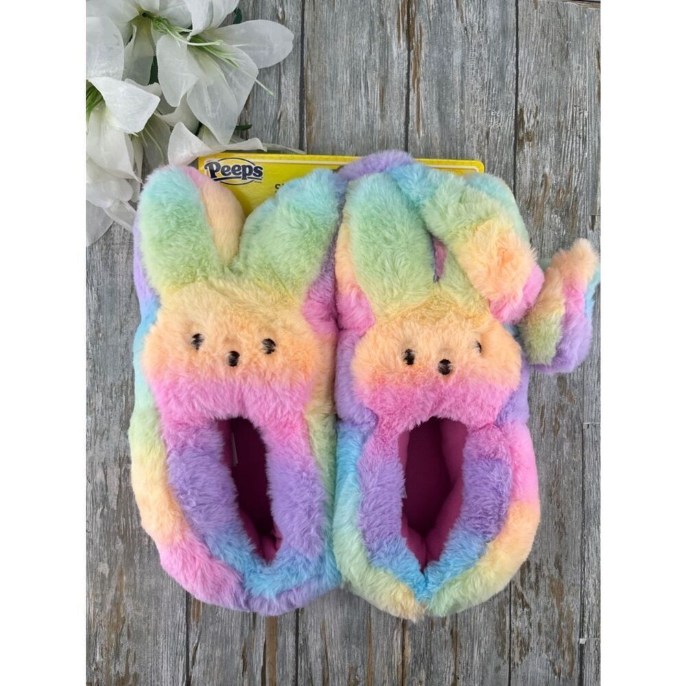 Little Girls Peeps Pastel Rainbow Bunny Slippers & Headband Set Size 13/1